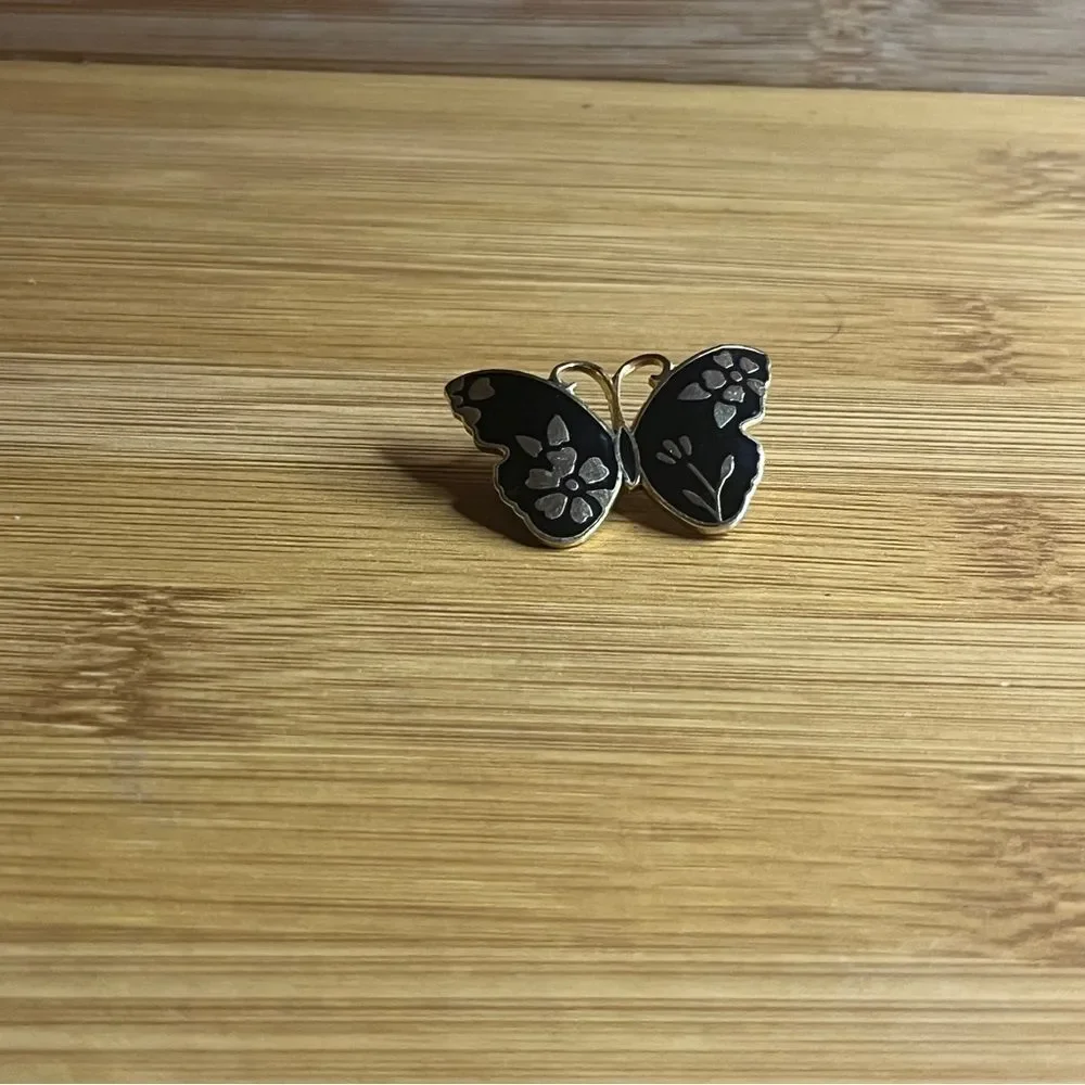 Vintage Elegant Silver Black Butterfly Brooch Pin Jewelry